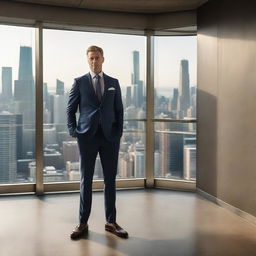 A self-made millionaire in a tailored suit, standing confidently in a high-rise penthouse overlooking the city. Behind him, a wall adorned with images of his journey from humble beginnings to immense success.