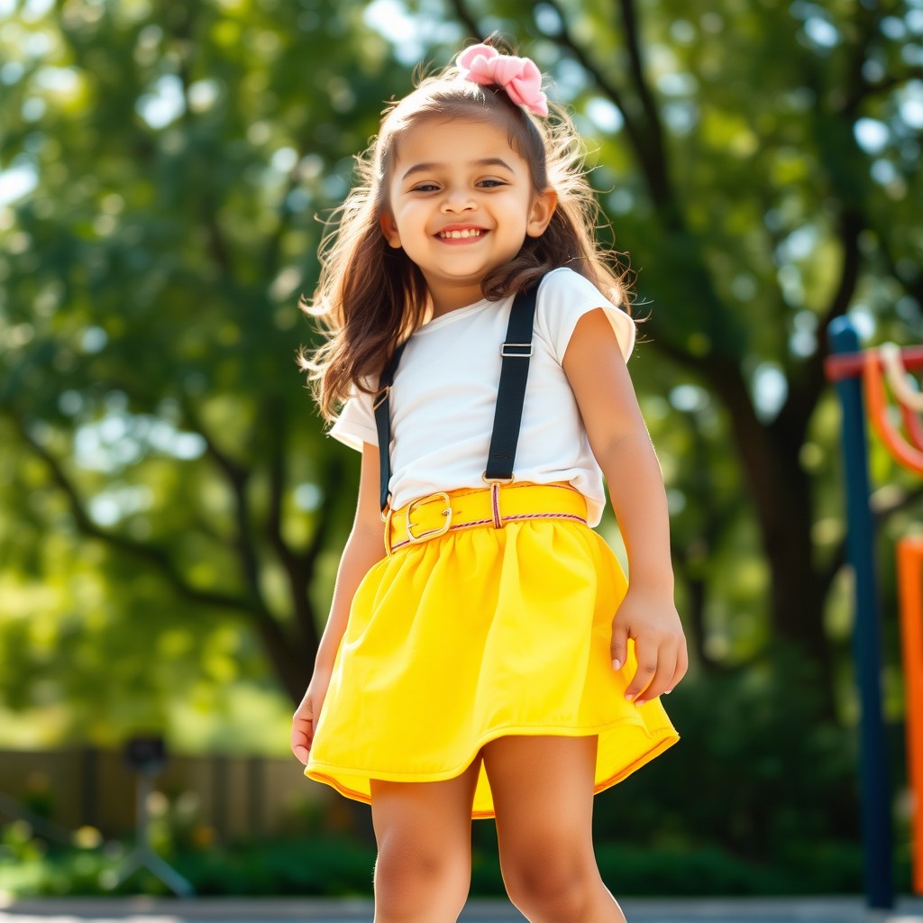 A stylish young girl wearing a fashionable skirt, standing confidently and captured from a low angle perspective that emphasizes her outfit