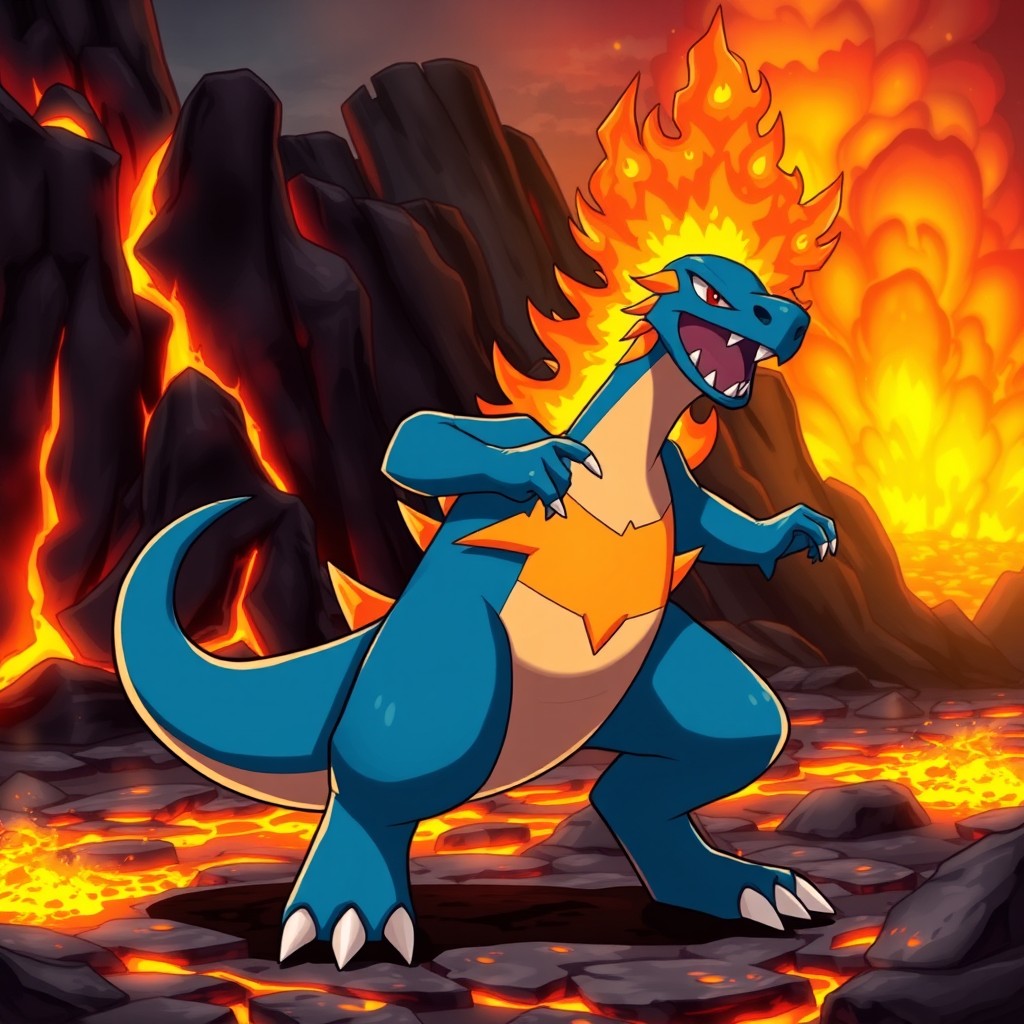 A dynamic, beautifully detailed illustration of a Typhlosion, a fierce-looking fire-type Pokémon