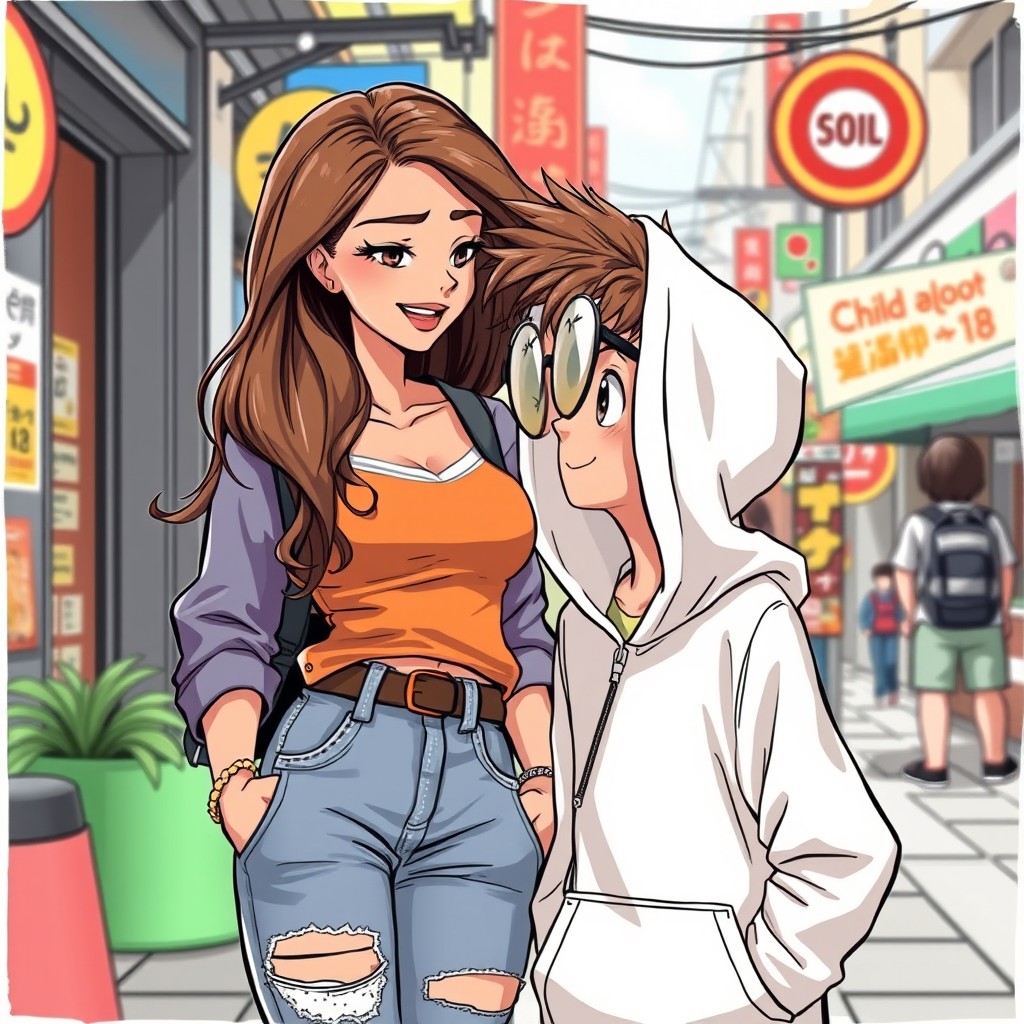A vibrant Manga-style illustration of two childhood friends, both 18 years old