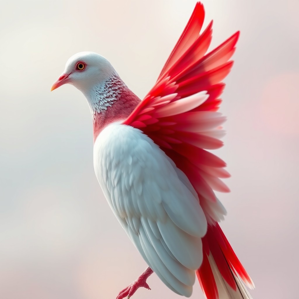 A beautiful white dove gradually transforming into a striking red dove, showcasing a broken wing