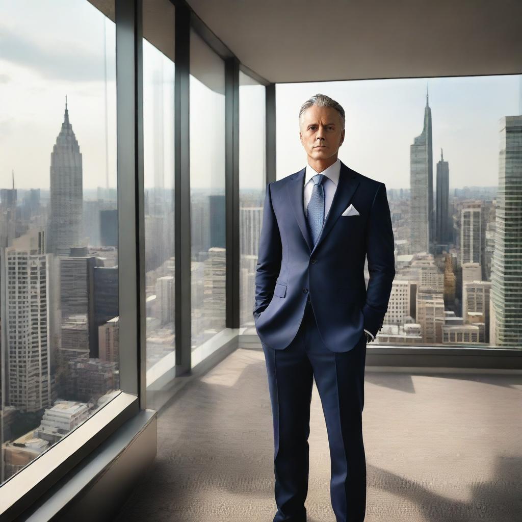 A self-made millionaire in a tailored suit, standing confidently in a high-rise penthouse overlooking the city. Behind him, a wall adorned with images of his journey from humble beginnings to immense success.