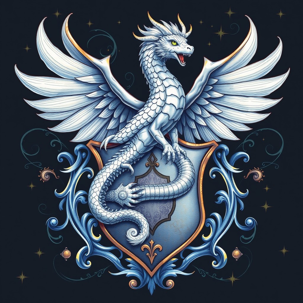 A detailed and vibrant illustration of an Occamy crest from the Harry Potter universe, showcasing the intricate design elements typical of magical creature crests