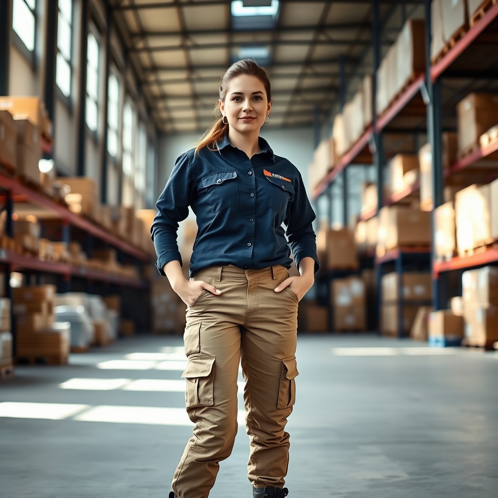 A confident female worker in a warehouse, wearing a standard warehouse uniform consisting of a navy blue shirt with the company's logo, khaki cargo pants, and sturdy work boots