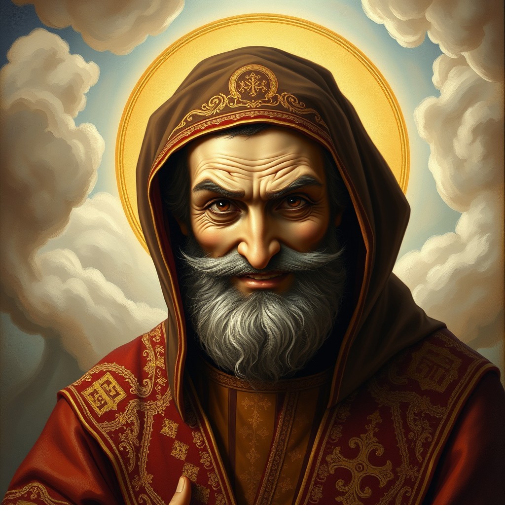 A devious orthodox saint with a sly grin, dressed in traditional ornate robes embroidered with golden threads and religious symbols
