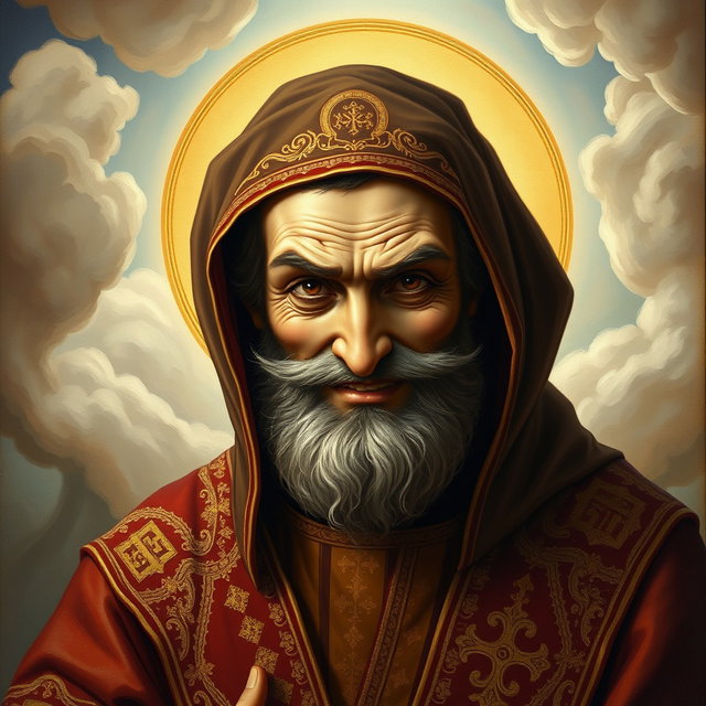 A devious orthodox saint with a sly grin, dressed in traditional ornate robes embroidered with golden threads and religious symbols