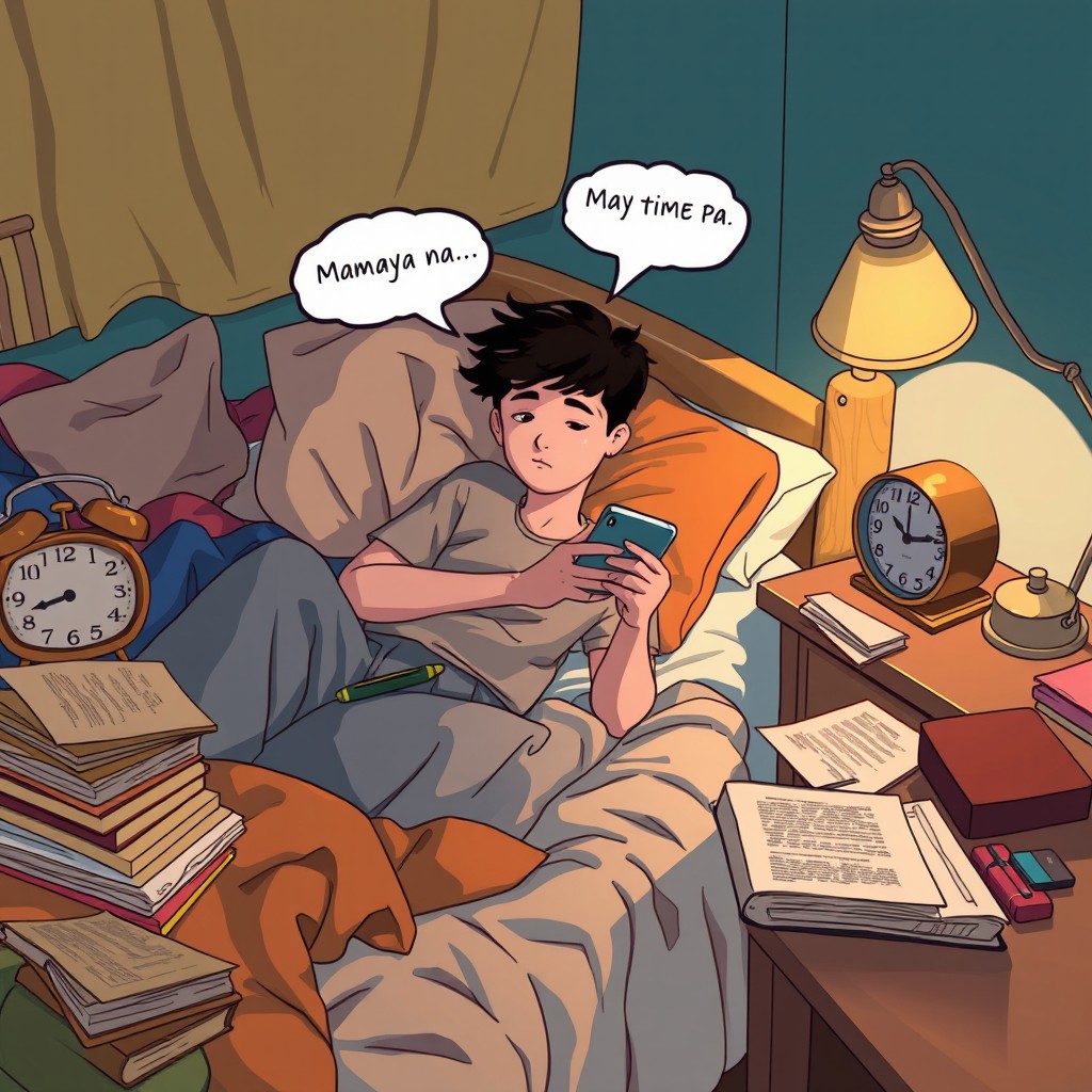 A student lying in bed, casually scrolling on their phone, surrounded by a cozy bedroom atmosphere