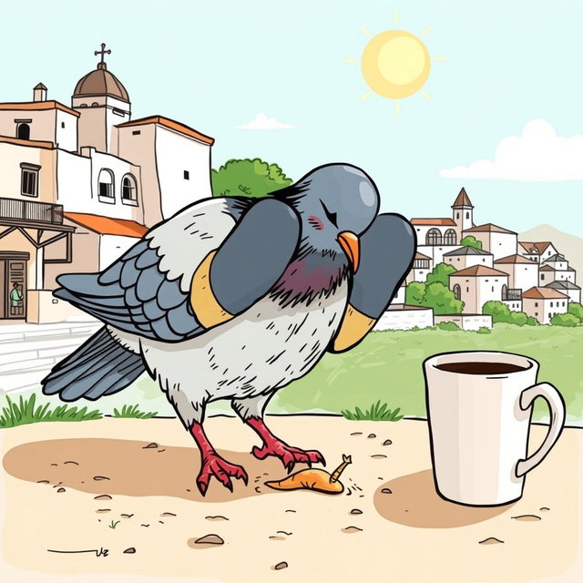 A whimsical illustration of a pigeon wearing oven mitts, humorously digging for a worm in the ground