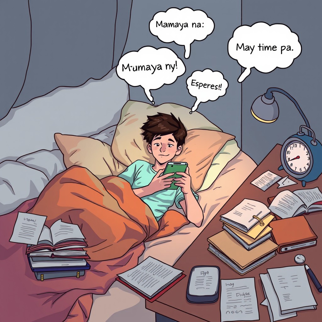 A student comfortably lying in bed, scrolling through their phone, with a casual and relaxed expression