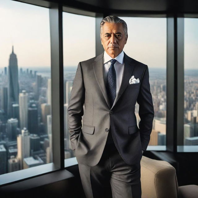 A self-made millionaire in a tailored suit, standing confidently in a high-rise penthouse overlooking the city. Behind him, a wall adorned with images of his journey from humble beginnings to immense success.