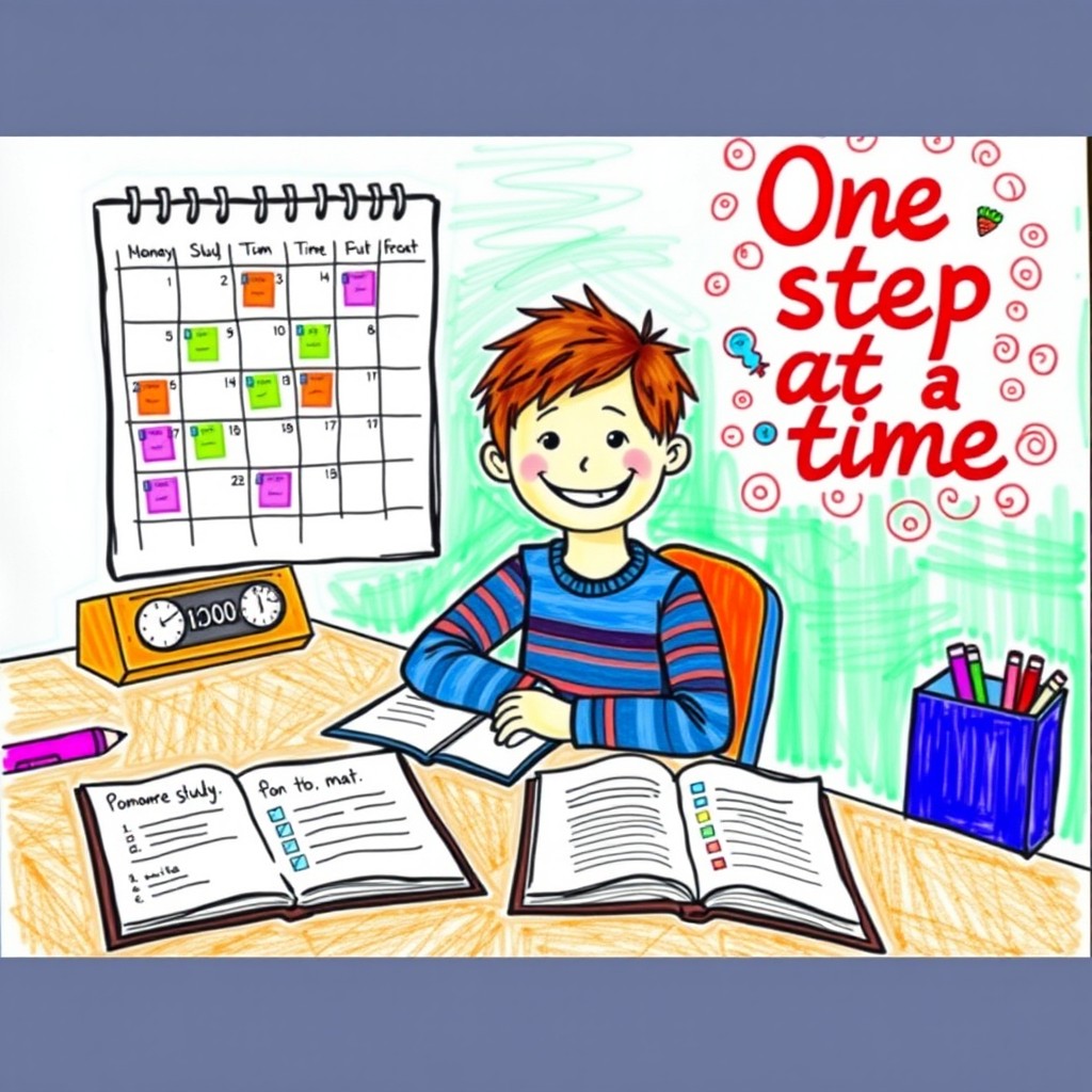 A colorful drawing by a 7-year-old, featuring a cheerful student sitting at a clean desk, focused on studying