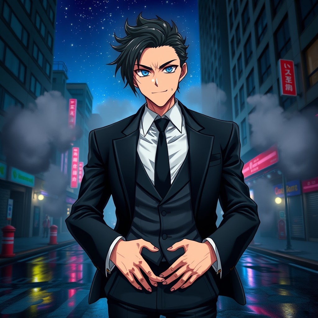 A stylish mafia anime character, wearing a sleek dark suit, with slicked-back black hair, piercing blue eyes, and a confident smirk