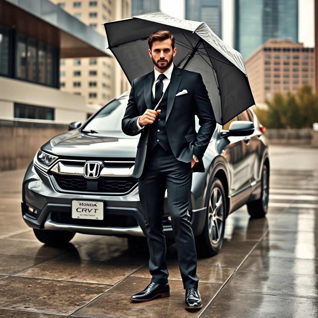 A suave man dressed in a sleek black suit stands confidently next to a stylish Honda CR-V