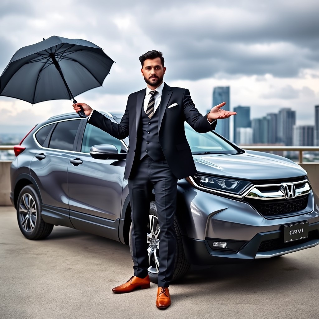 A stylish man in a black suit stands confidently beside a sleek Honda CR-V