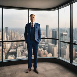 A self-made millionaire in a tailored suit, standing confidently in a high-rise penthouse overlooking the city. Behind him, a wall adorned with images of his journey from humble beginnings to immense success.