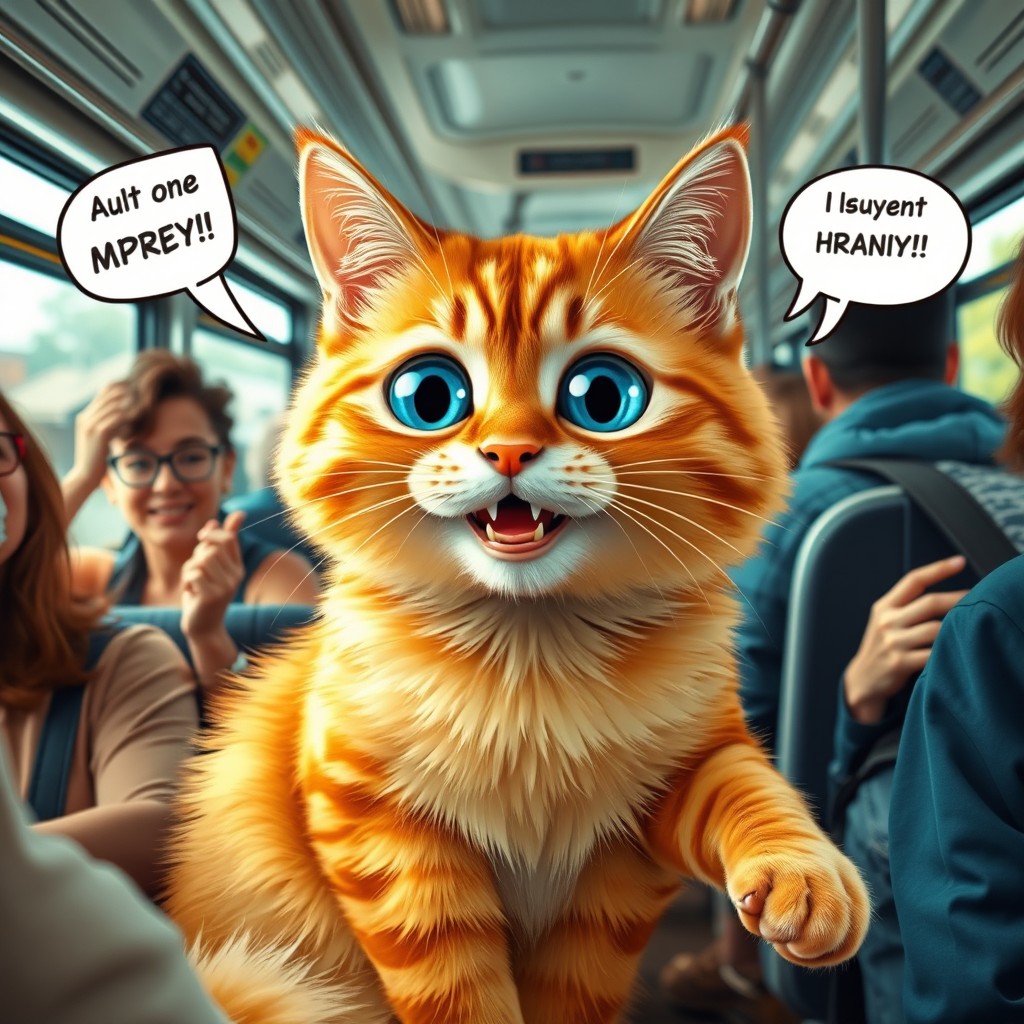A humorous scene depicting a large, sweet orange cat sitting in a crowded bus, with big blue eyes and a wide, cheerful smile