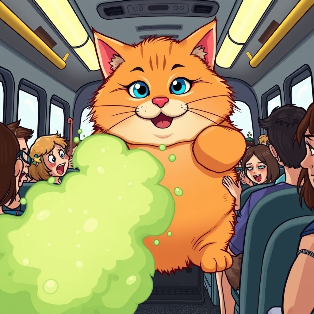 A comical scene featuring a large, plump, sweet orange cat with big blue eyes and a wide, cheerful smile, causing a humorous commotion in a crowded bus