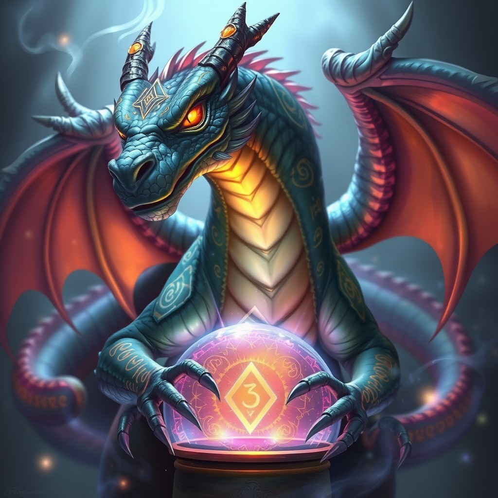 A majestic Fortune Dragon from Pathfinder 2e, bathed in arcane power