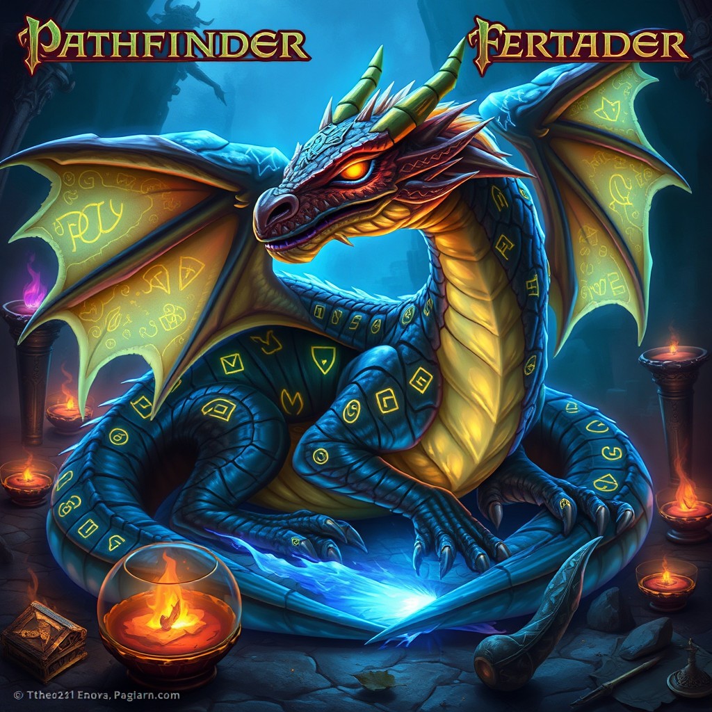 A majestic fortune dragon from Pathfinder 2E RPG, adorned with bright magical runes glowing on its scales, embodying an aura of arcane power