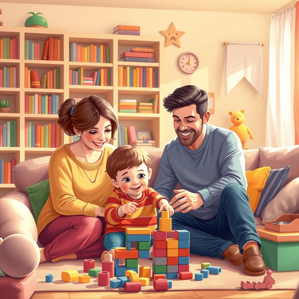 A warm and inviting family scene depicting a loving family interacting with their autistic child in a cozy living room