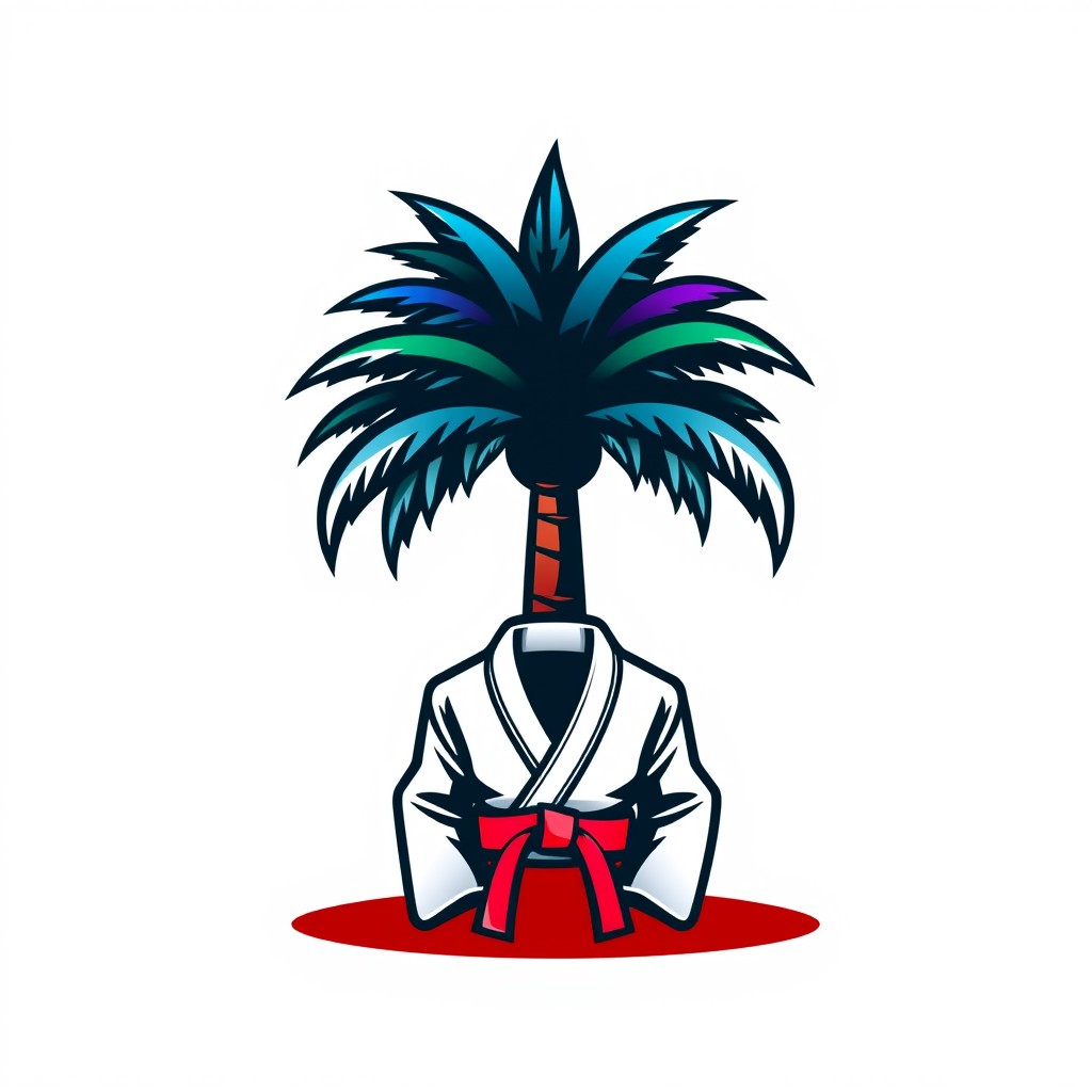 A creative logo design featuring a stylized palm tree, prominently displaying a vibrant gradient of colors including white, blue, purple, black, and red