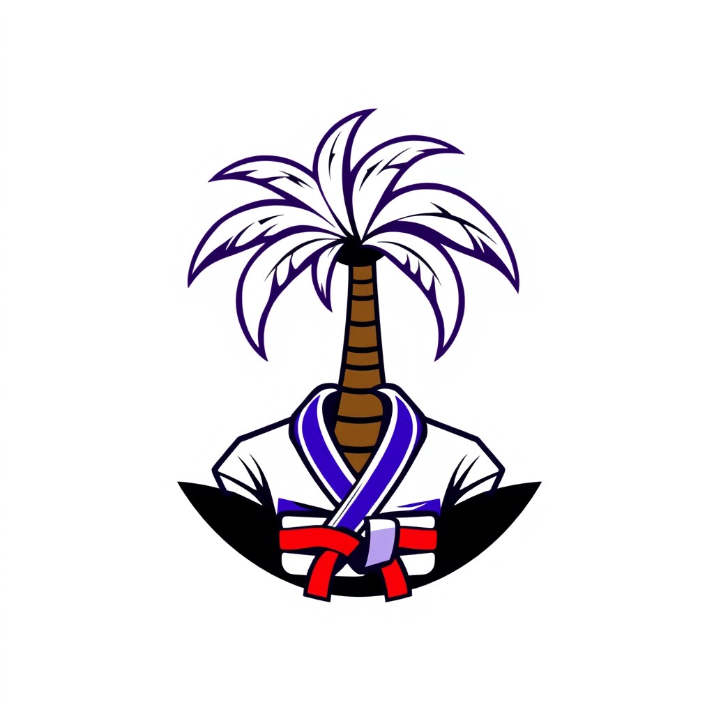 A logo design featuring a stylized palm tree, with a neatly folded Brazilian Jiu-Jitsu gi resting at the bottom