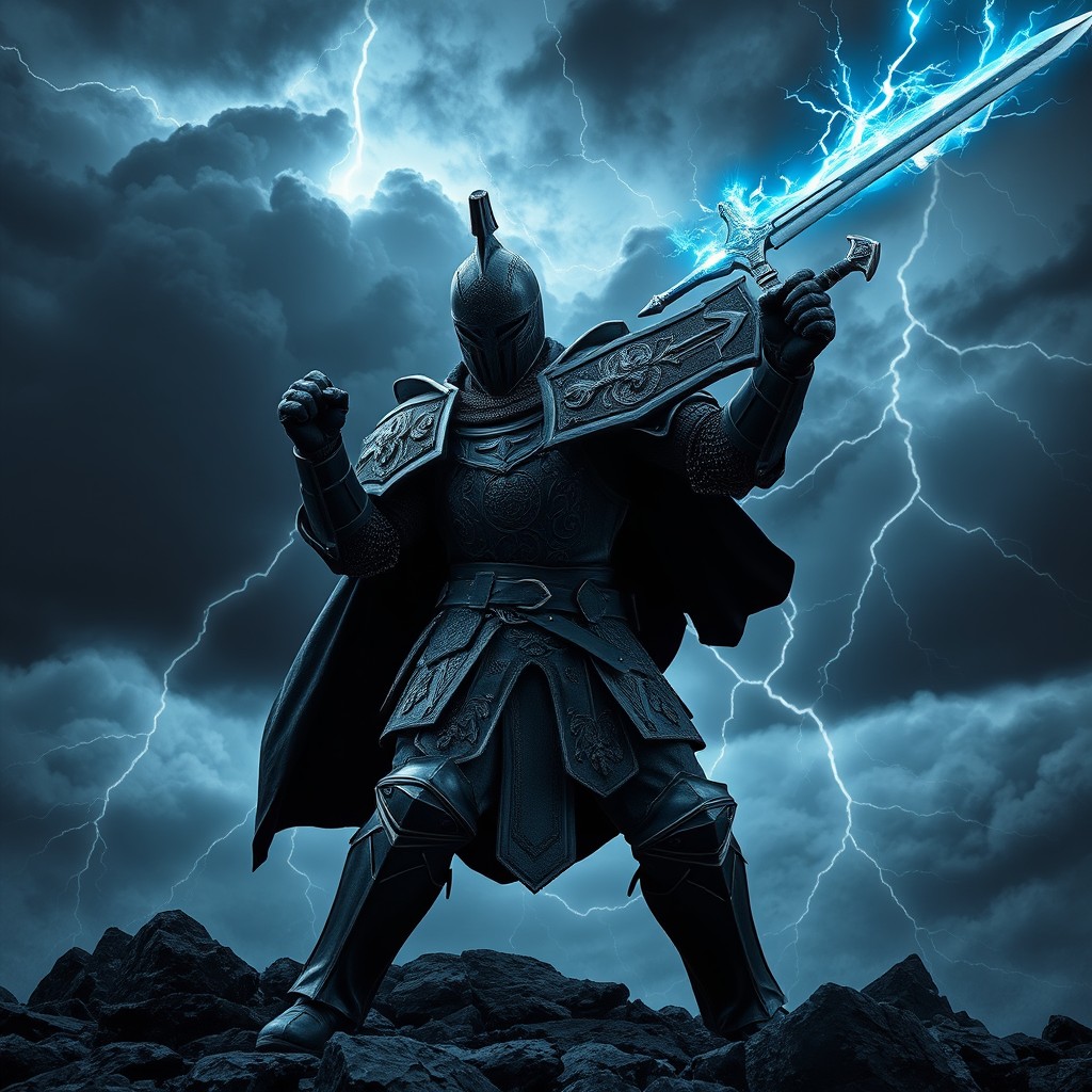 A black knight in ornate dark armor, aggressively posed in an attack stance with a thundering sword raised high, emitting vibrant electric blue energy that crackles around the blade