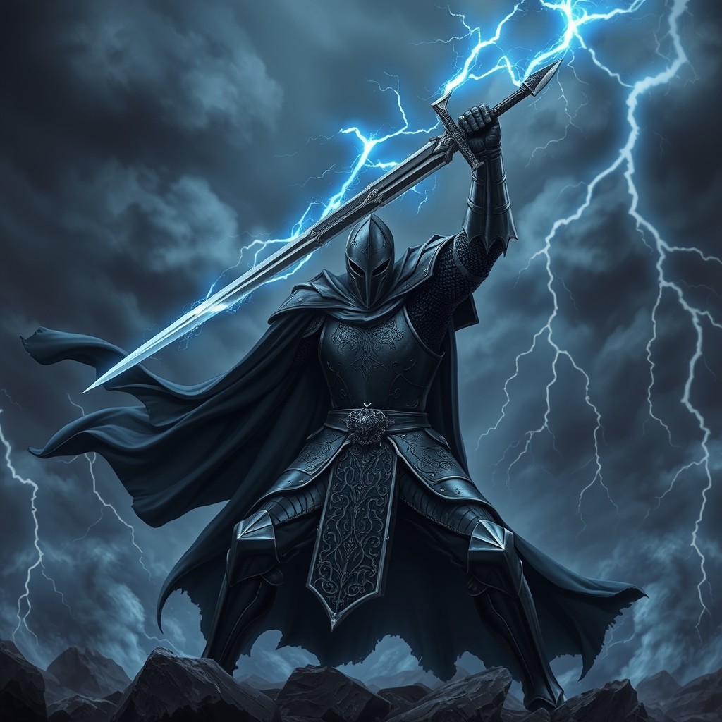 A black knight clad in intricate dark armor, poised in a fierce attack stance, holding a thundering sword raised high above their head