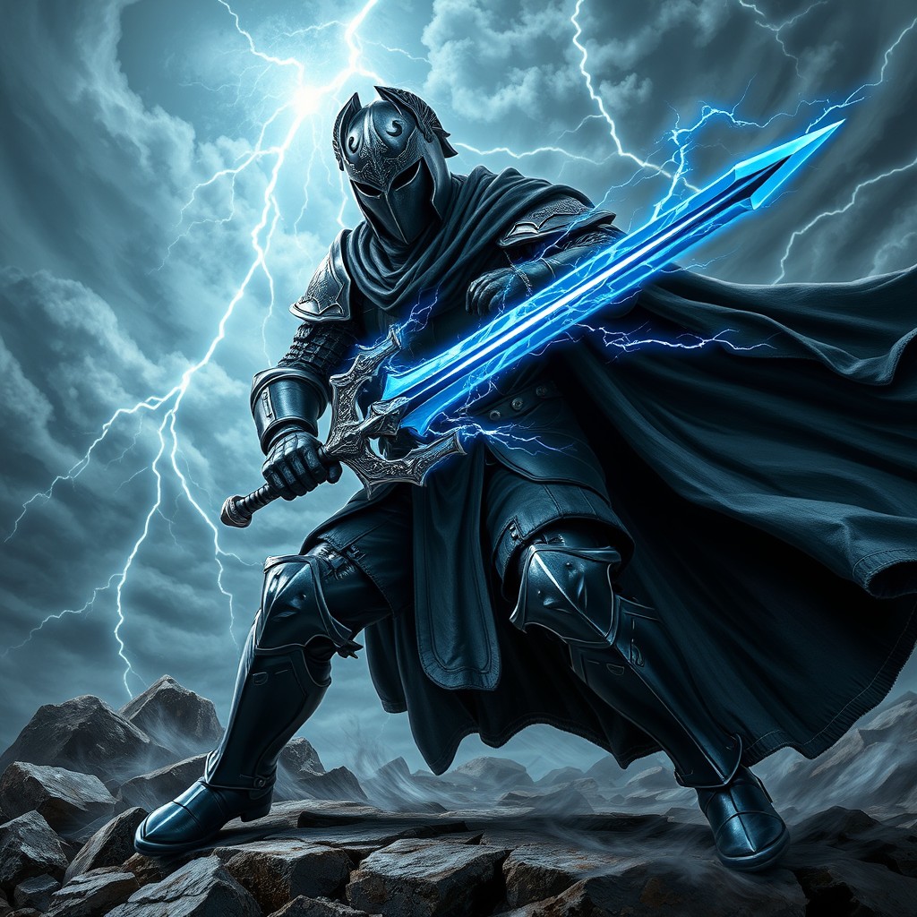 An imposing black knight in elaborate dark armor, caught in an aggressive attack pose, clutching a thundering sword that radiates with vibrant electric blue energy