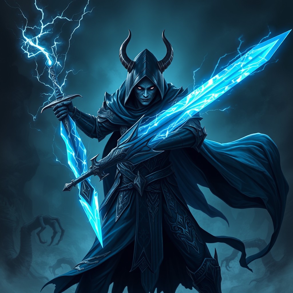 A shadar-kai hexblade warlock in shadowy, intricate armor, fiercely posed with a thundering sword raised in an intimidating attack stance
