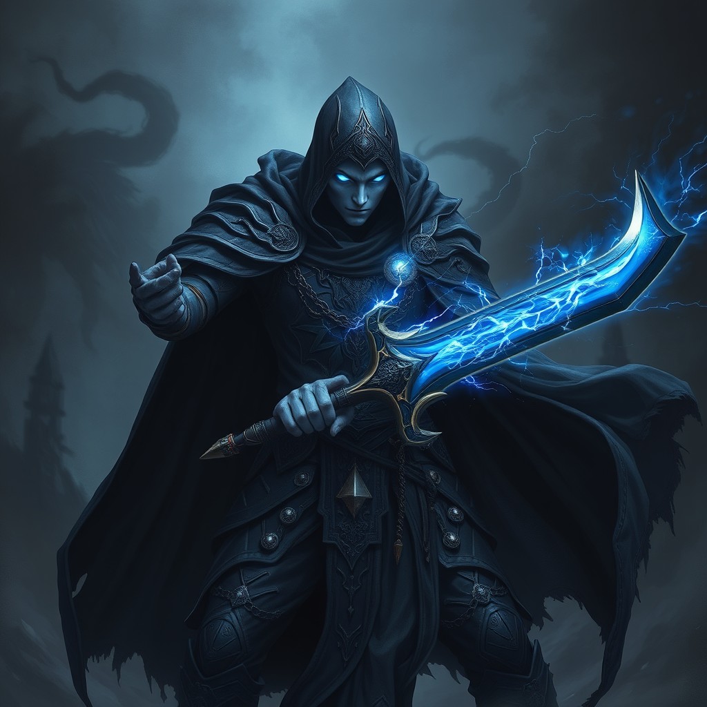 A shadar-kai hexblade warlock, shrouded in dark, ornate armor, stands ready in an aggressive attack pose, gripping a thundering sword that glows with crackling blue electricity