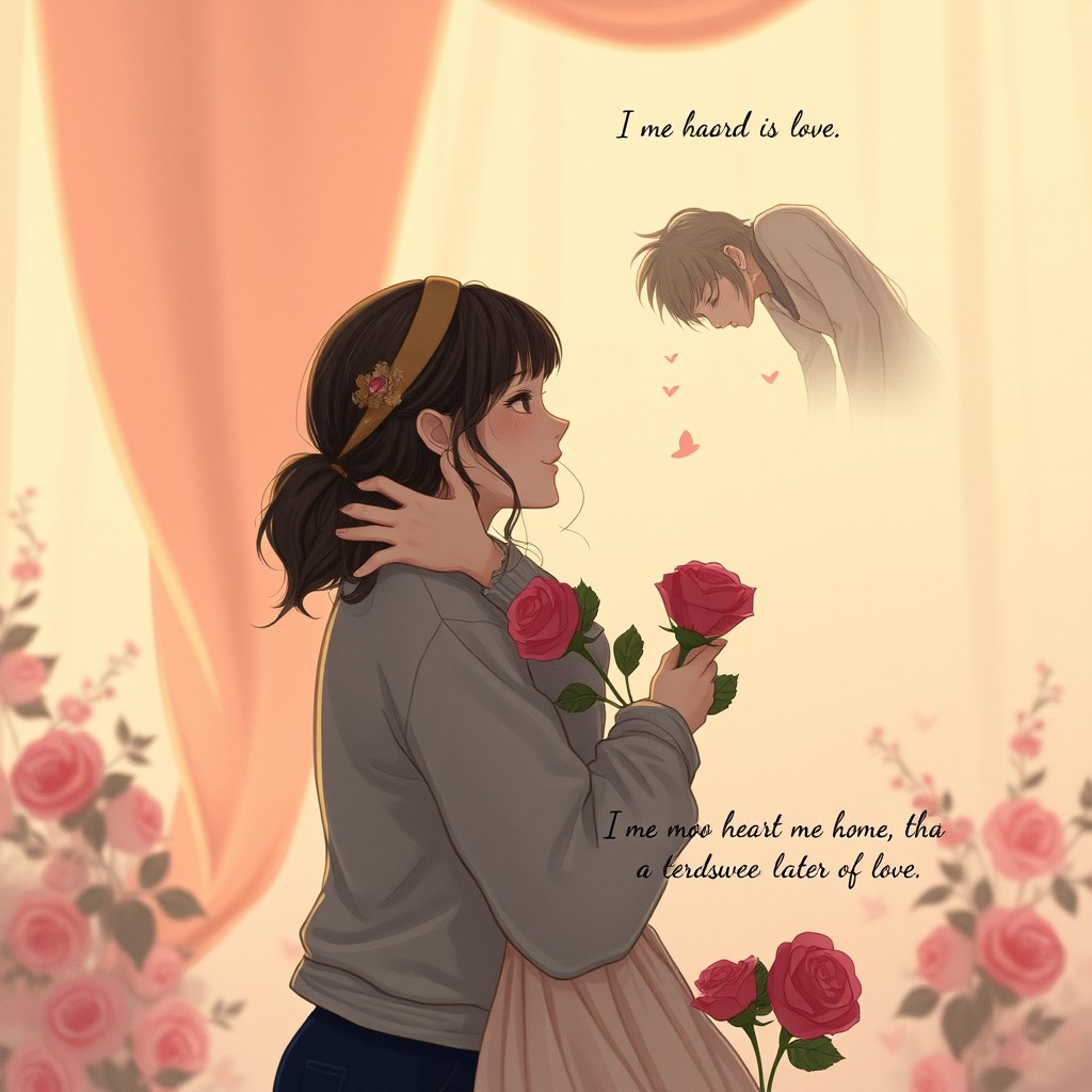 An emotional scene depicting a tender moment between two lovers in a serene setting