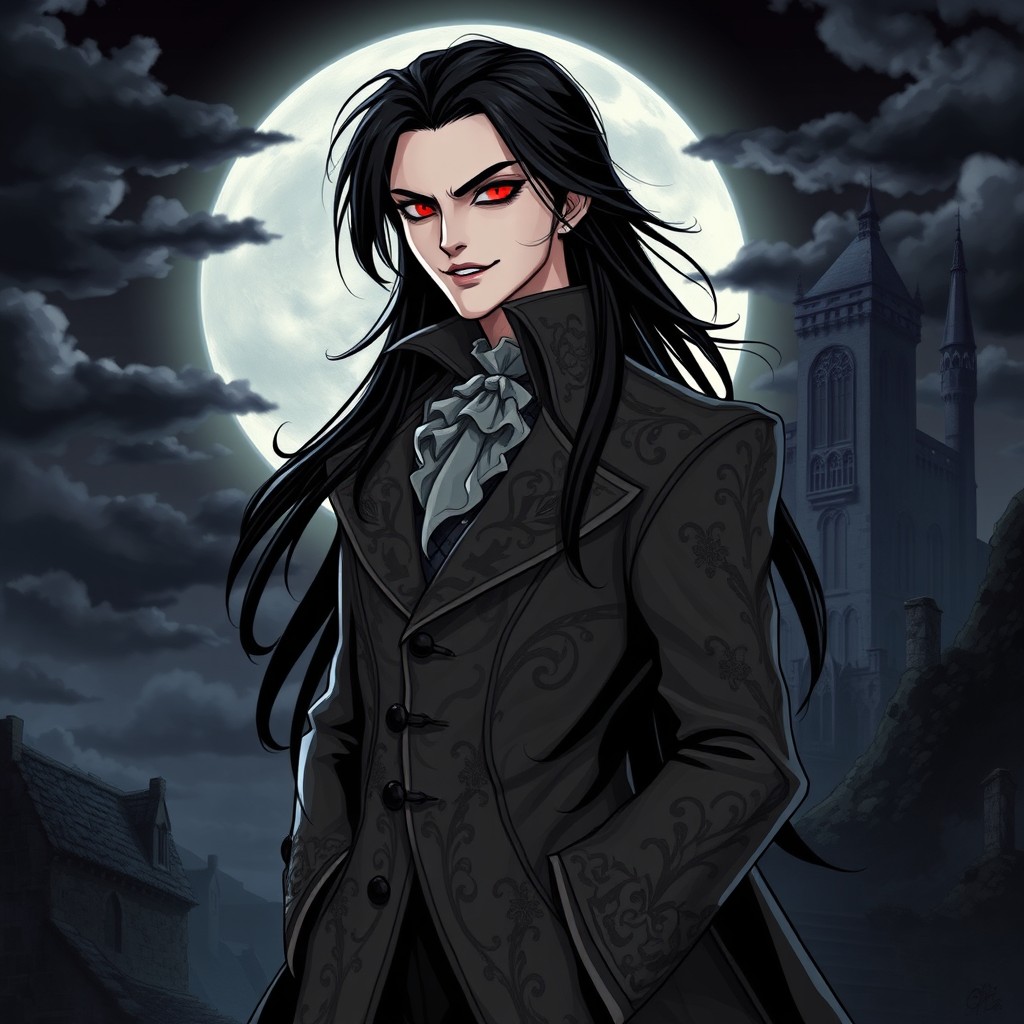 A striking vampire character design featuring an elegant and darkly alluring figure