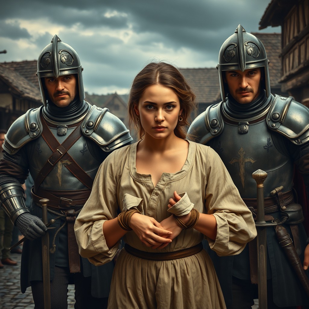 A dramatic scene set in the 17th century, featuring a woman with a determined expression, visibly bound at the wrists, being escorted by two imposing soldiers in historical armor