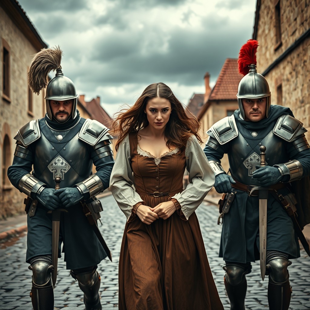 A scene set in the 17th century depicting a woman, dressed in period attire, being led away with her hands bound by two soldiers in uniform of that era