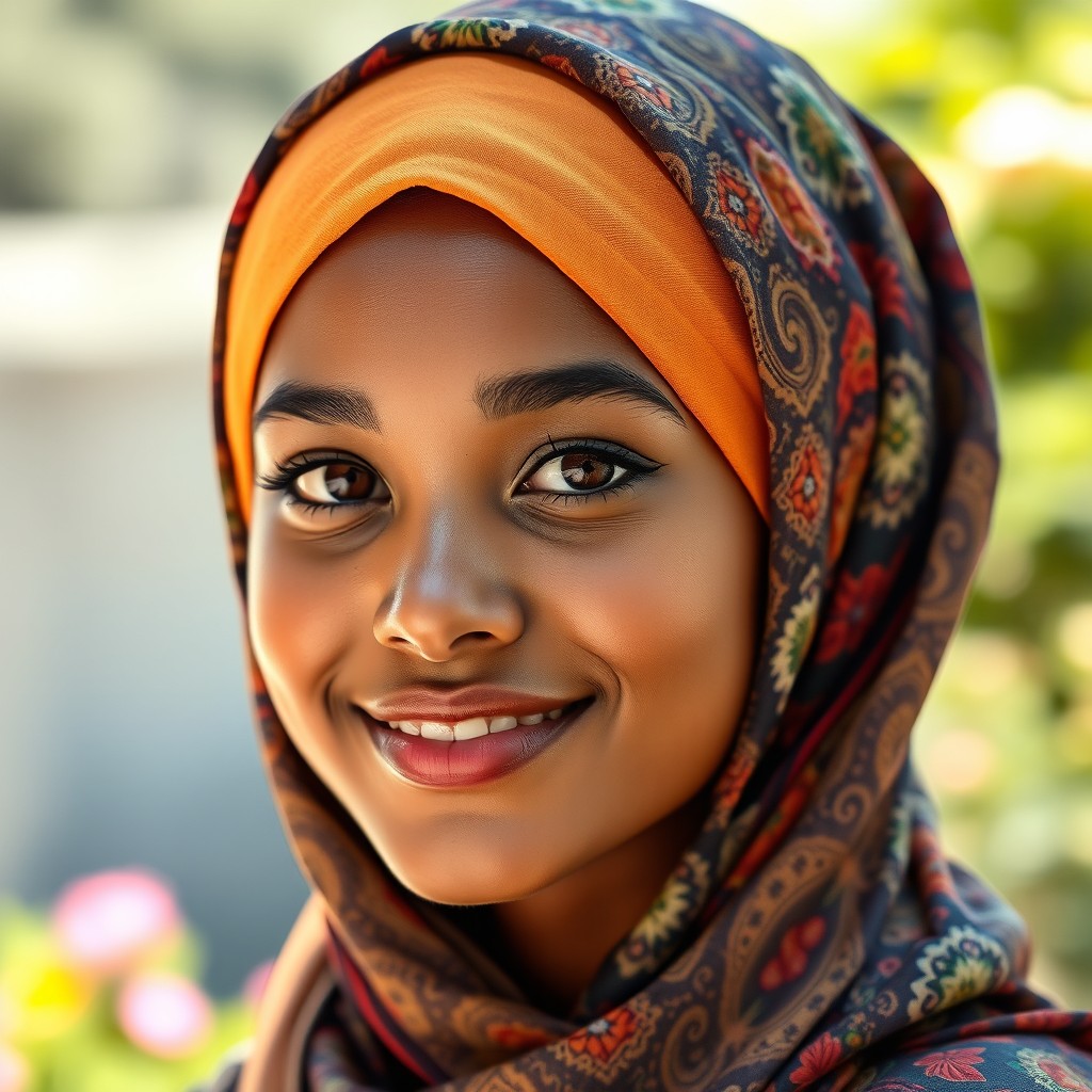 A realistic portrait of a young woman wearing a beautifully styled hijab, showcasing rich, vibrant colors and intricate patterns