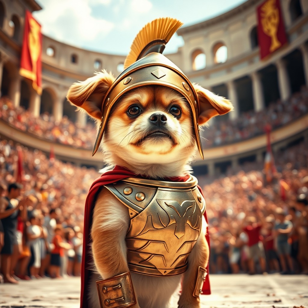 A small, cute dog dressed as a Roman gladiator, wearing a shiny helmet and armoured chest plate