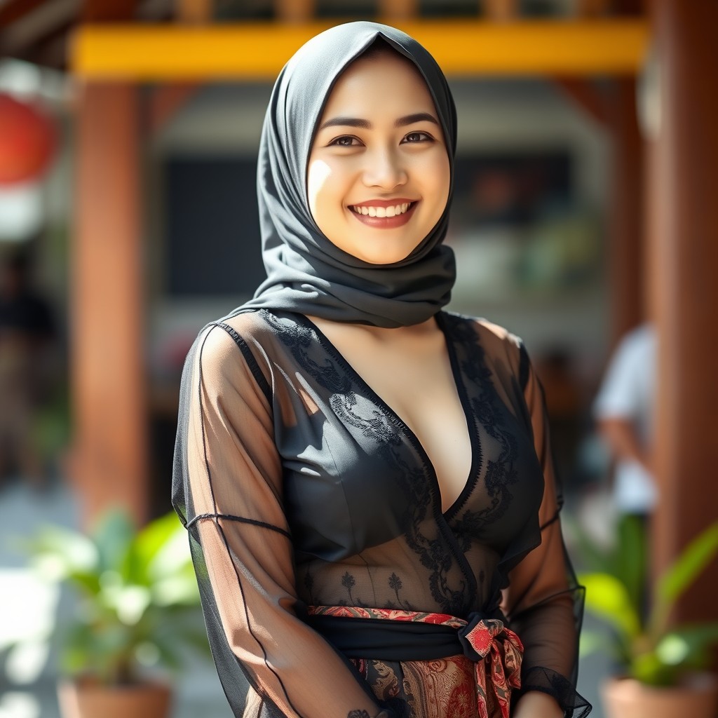 A beautiful Indonesian woman wearing a transparent hijab that slightly reveals her hair