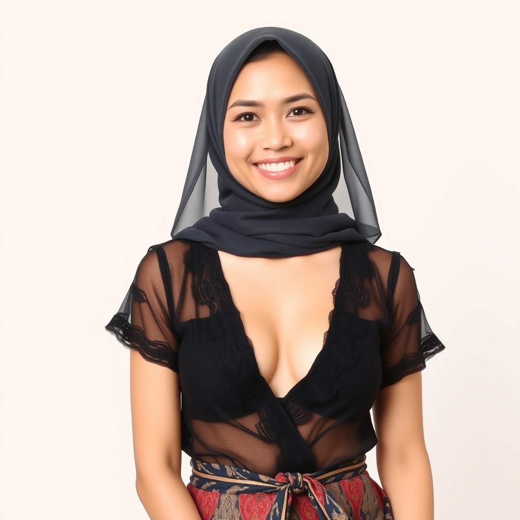 A smiling Indonesian woman wearing a transparent hijab, with a slight glimpse of her hair