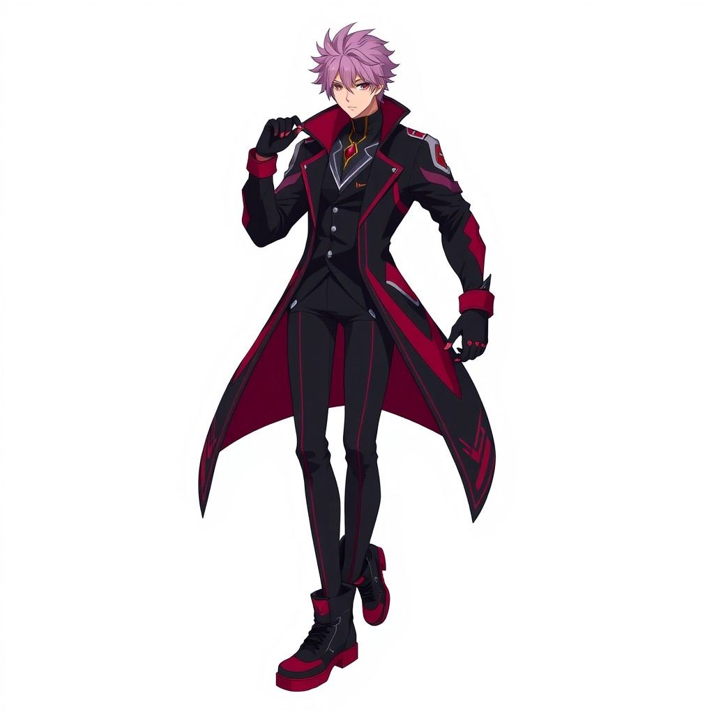 A dynamic and stylish outfit for a male idol featuring a black and burgundy red jacket with modern detailing, matching gloves, and trendy shoes, all designed with a Mobian art style