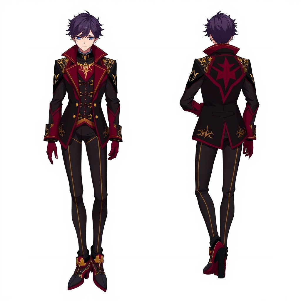 A stylish and eye-catching outfit for a male idol, featuring a black, burgundy red, and gold jacket with intricate designs, complemented by matching gloves and trendy shoes