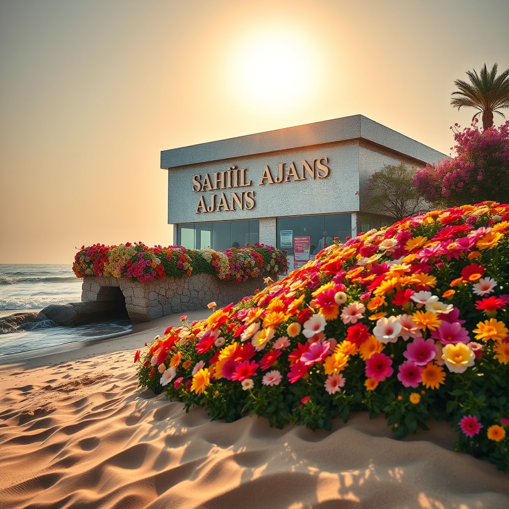A stunning seaside scene showcasing a shimmering sand agency building surrounded by a beautiful flower garden