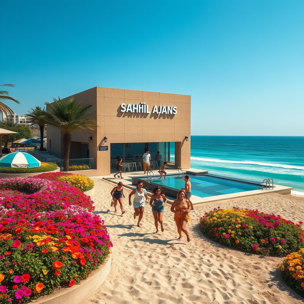 A stunning beach scene with a bright sandy agency building surrounded by a large flower garden, featuring a beautiful pool