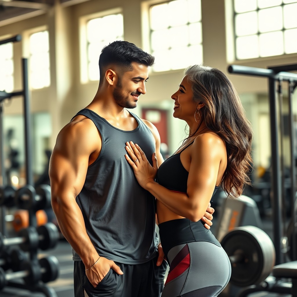 A romantic scene between a young athletic man and an older Indian woman in a gym setting