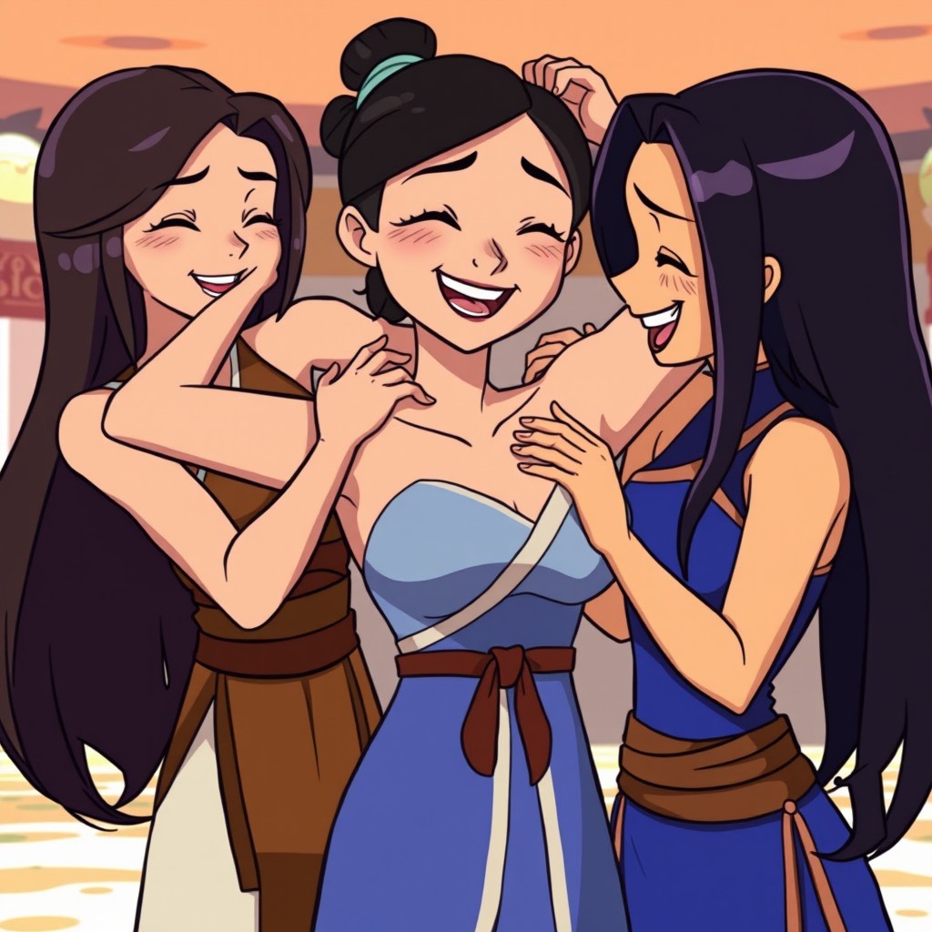 A cartoon-style scene inspired by Avatar: The Last Airbender, featuring Katara with her long dark hair, Korra with her short black hair and athletic build, and Azula with her royal blue dress and long black hair in a playful moment