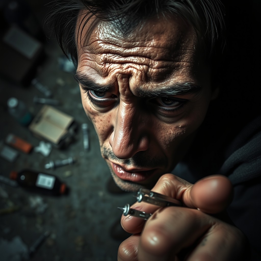 A dramatic and intense scene depicting the struggles of addiction, showcasing the raw emotions of a person in the depths of substance abuse