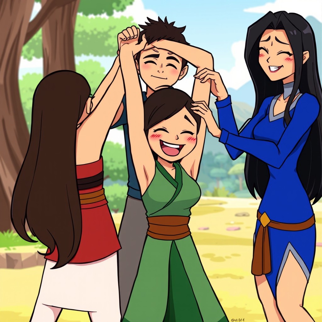 A cartoon-style scene inspired by Avatar: The Last Airbender, featuring Katara with her long dark hair, Korra with her short black hair and athletic build, and Azula with her royal blue dress and long black hair in a playful moment