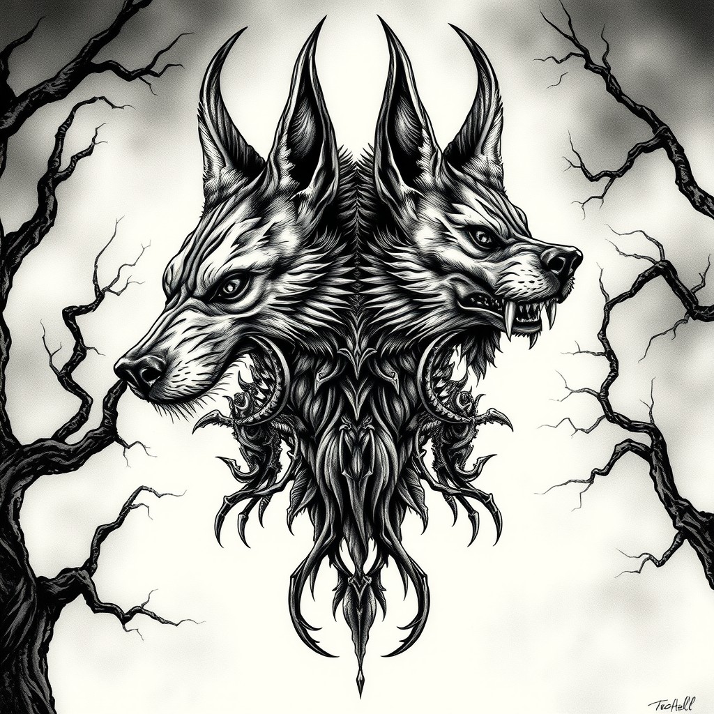 A detailed and creative tattoo design featuring Orthrus, the two-headed dog from Greek mythology, depicted in a dark, atmospheric style reminiscent of the graphic novel 'From Hell'