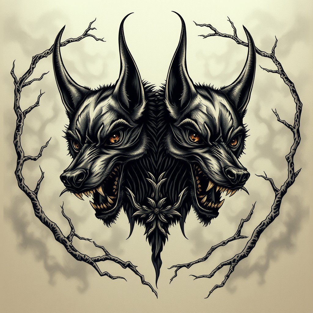 A detailed tattoo design featuring Orthrus, the two-headed dog from Greek mythology, illustrated in a dark, gothic style inspired by 'From Hell'