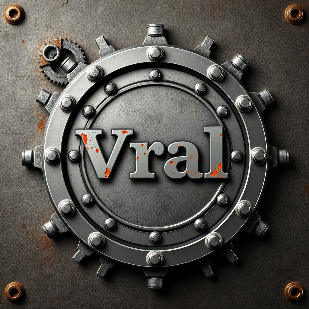 A circular design featuring the word 'Vral' prominently in the center, with an industrial theme